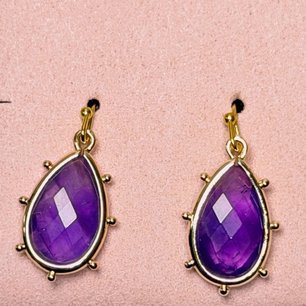 💕2/$30 New Amethyst Teardrop Dangle Earrings Gold Plated Etruscan Bezel NWOT